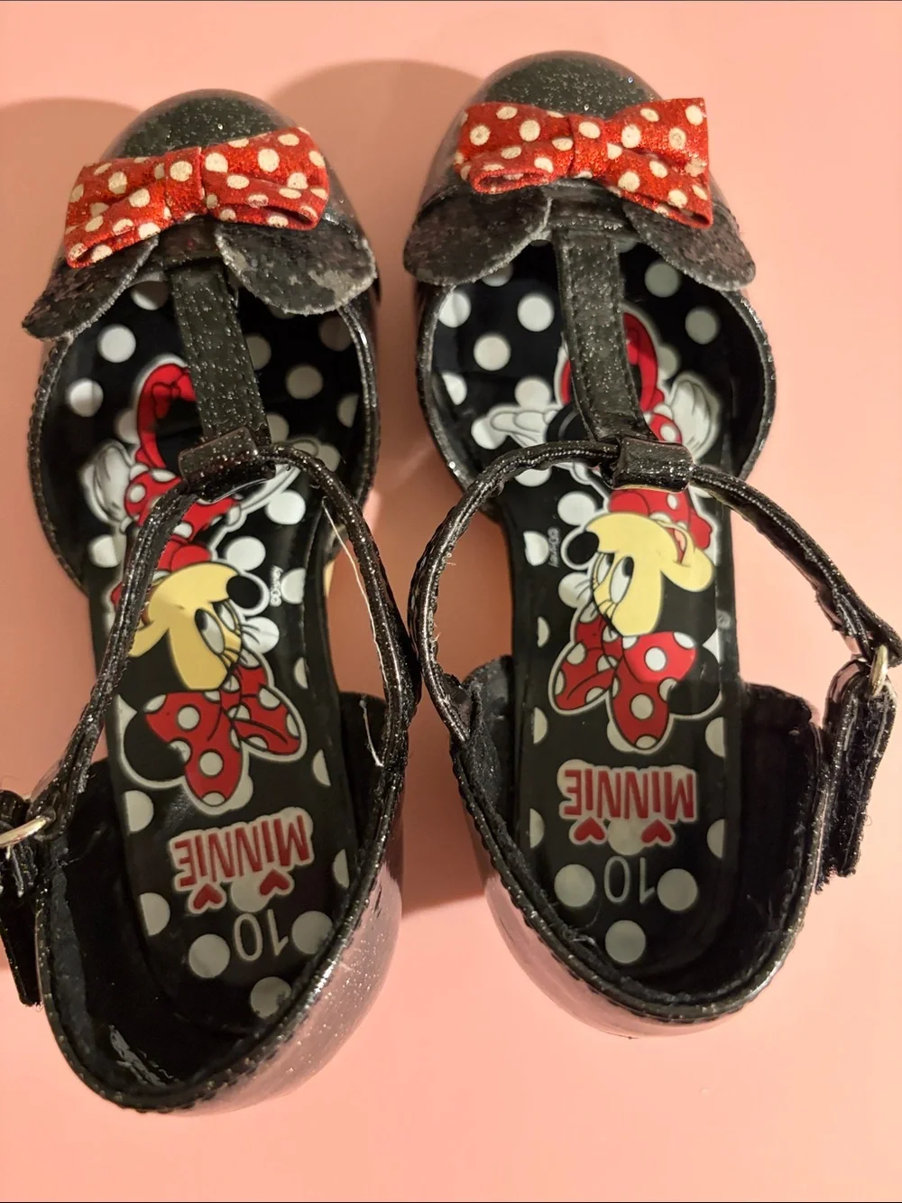 Disney Minnie Mouse Black Glitter T‑Strap Dress Shoes with Red Polka Dot Bows-10